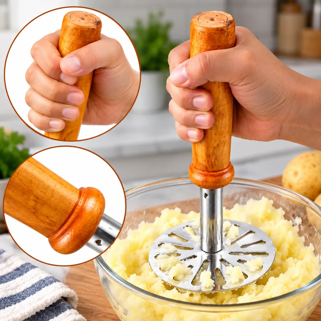 Ergonomic Wooden Potato Masher Showcase.webp