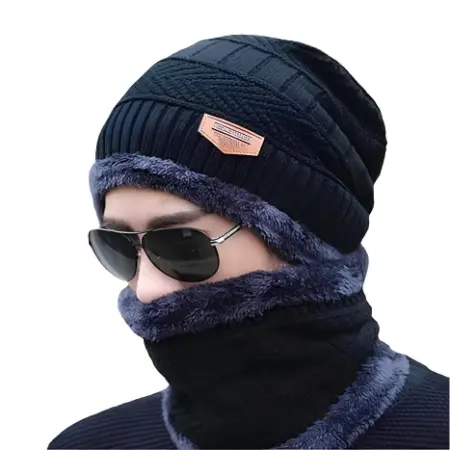 [WOL-BNIE-CAPMFLR-BLK-CMB2PC-0000000132] Wool Beanie Cap & Muffler for Men & Women (Black)