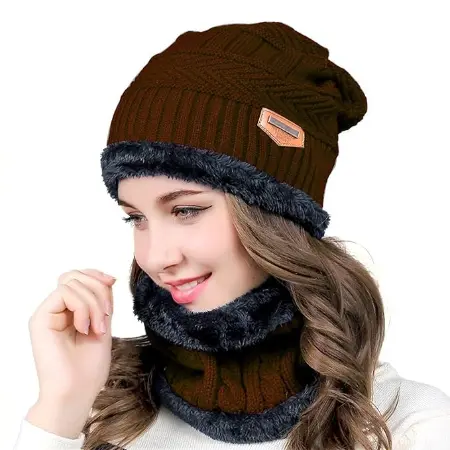Woolen Beanie Cap with Neck Warmer for Men & Women (Brown)