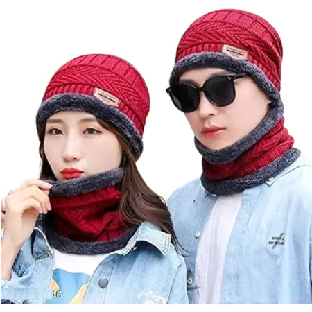 [BUN-WOL-BNIE-CAPMFLR-MXCLR-CMB4PC-0000000137] Combo (2 Pair) Woolen Beanie Cap with Neck Warmer for Men & Women (Assorted Color as per Availability)