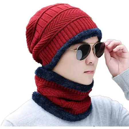 [WOL-BNIE-CAPMFLR-RED-CMB2PC-0000000136] Winter Sports Cap & Muffler for Men & Women (Red)